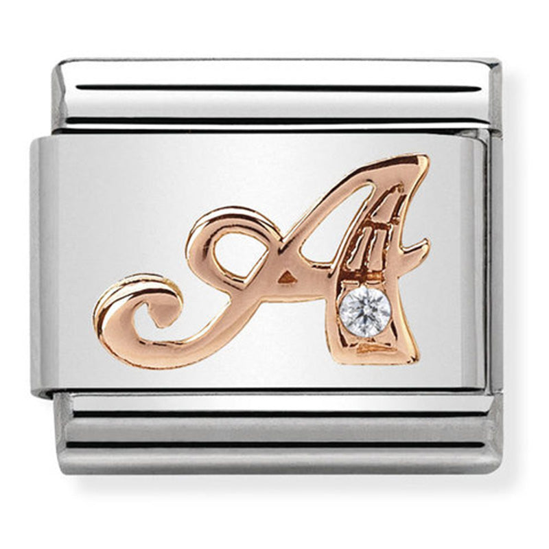 Nomination - classic letters st/steel, cz, 9ct rose gold (letter a)