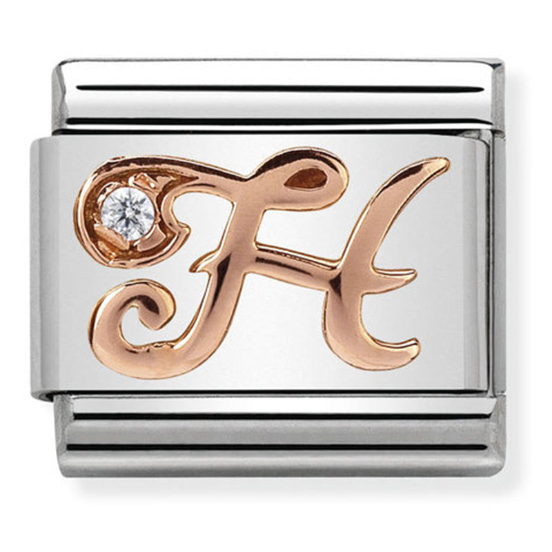 Nomination - classic letters st/steel, cz, 9ct rose gold (letter h)