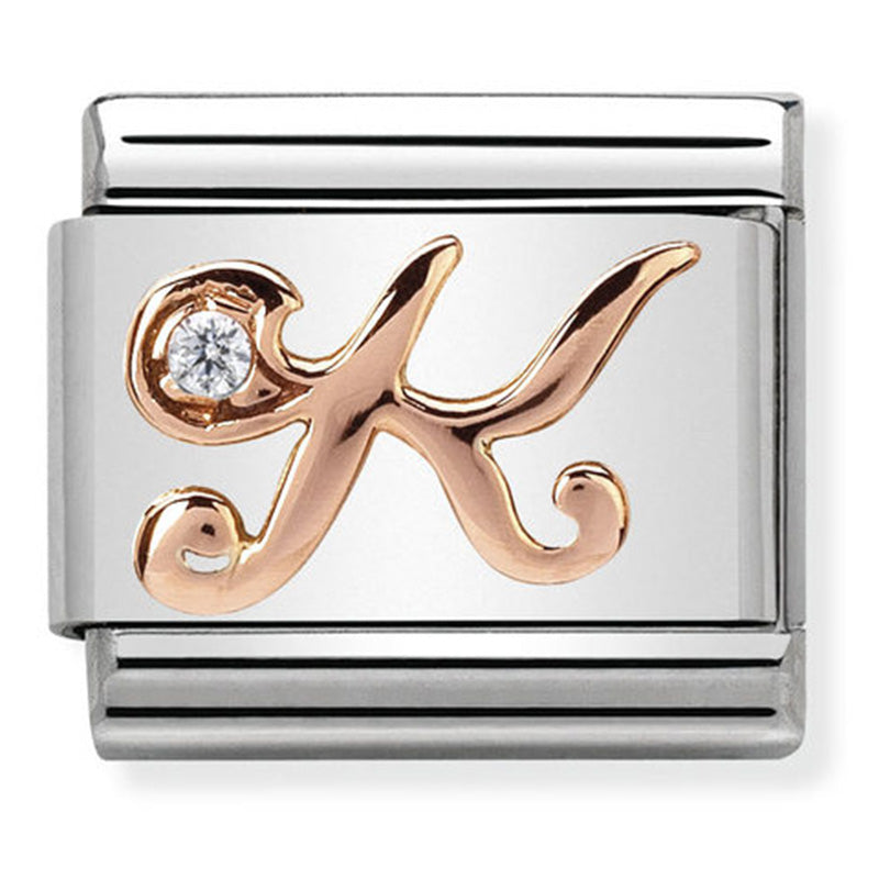 Nomination - classic letters st/steel, cz, 9ct rose gold (letter k)