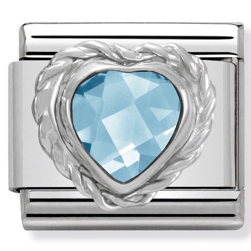 Nomination - classic heart faceted cubic zirconia in stainless steel 925 silver twisted setting (light blue)