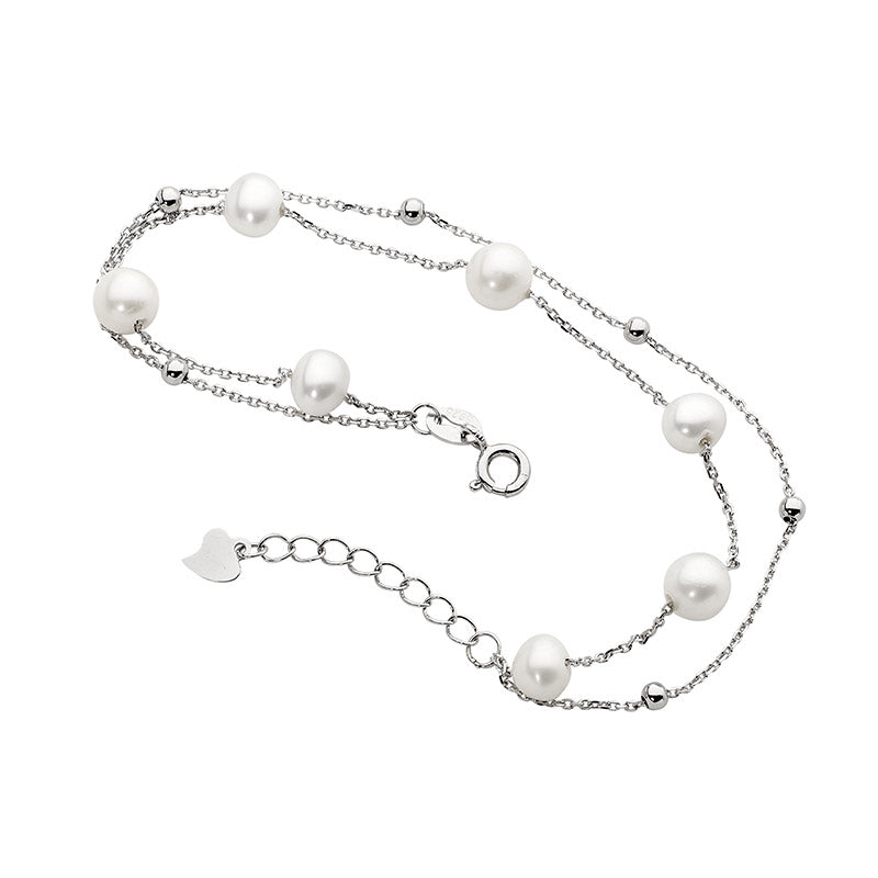 Sterling silver Double Chain Bracelet with Freshwater Pearl & Ball, ext. Chain
