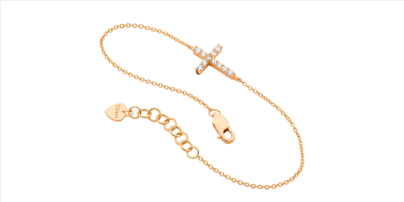 Sterling Silver, Rose Gold Plated Cross Bracelet with CZ