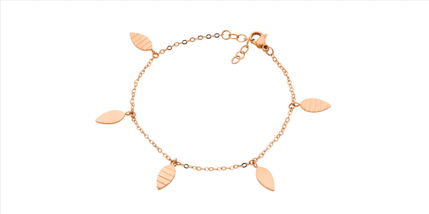 Stainless Steel, Rose Gold Plated Leaf Feature Bracelet
