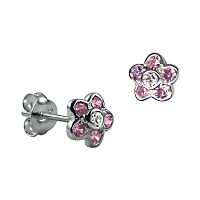 Sterling Silver Pink and White CZ Flower Studs