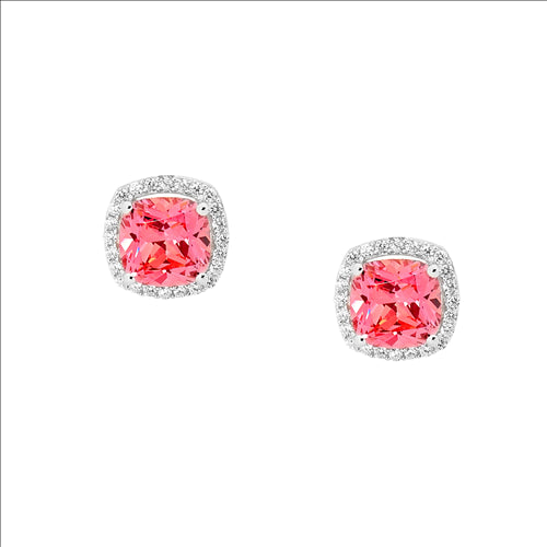Earrings - Sterling silver fancy Pink cushion cut Cubic zirconia with white Cubic zirconia surround earrings - rrp $149