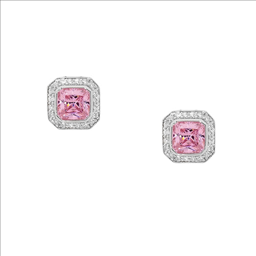SS Pink CZ Radiant Cut with White CZ Claw Set Surround Earrings