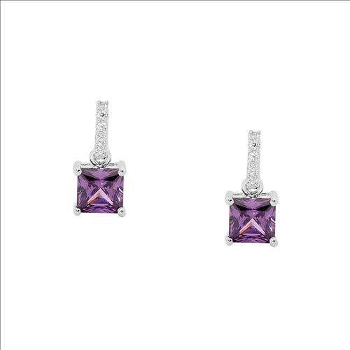 Earrings - Sterling silver white Cubic zirconia drop with Amethyst coloured Cubic zirconia princess cut earrings