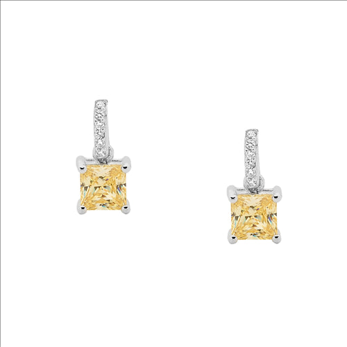 Earrings - Sterling silver, white Cubic zirconia drop with Citrine Cubic zirconia princess cut earrings