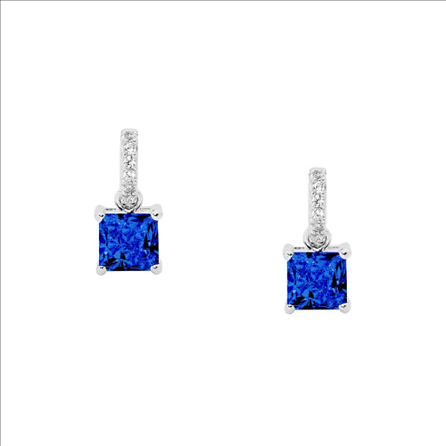Earrings - Sterling silver white Cubic zirconia drop with Dark blue Cubic zirconia princess cut earrings
