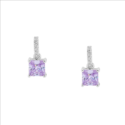 Sterling Silver Drop Earrings with Lavender CZ and White CZ Surrounding