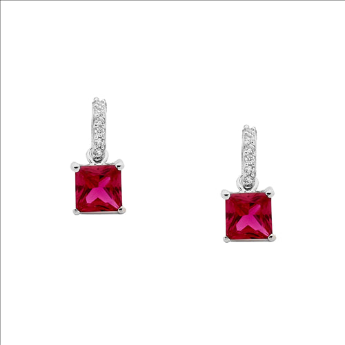Sterling silver white Cubic zirconia drop with Red Cubic zirconia princess cut earrings