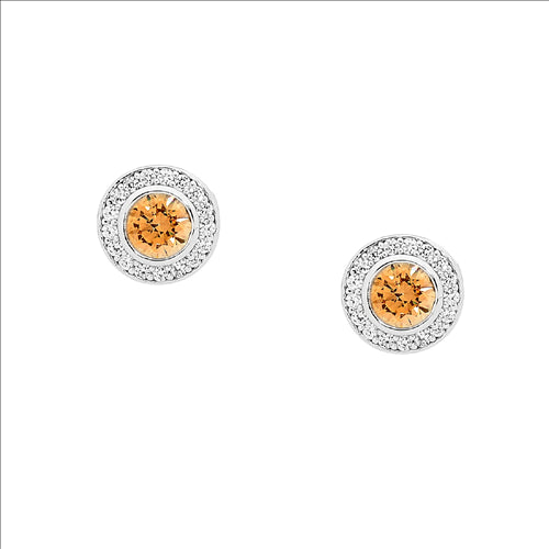 Sterling silver Round Fancy Yellow CZ with white CZ Claw Surround Earrings