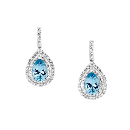 Sterling Silver Drop Earrings with Blue CZ and White CZ Halo Surrounding