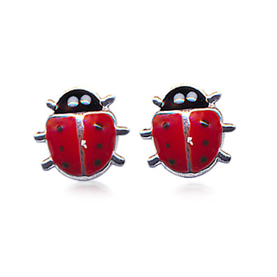 Earrings - Sterling silver red enamel lady beetle stud