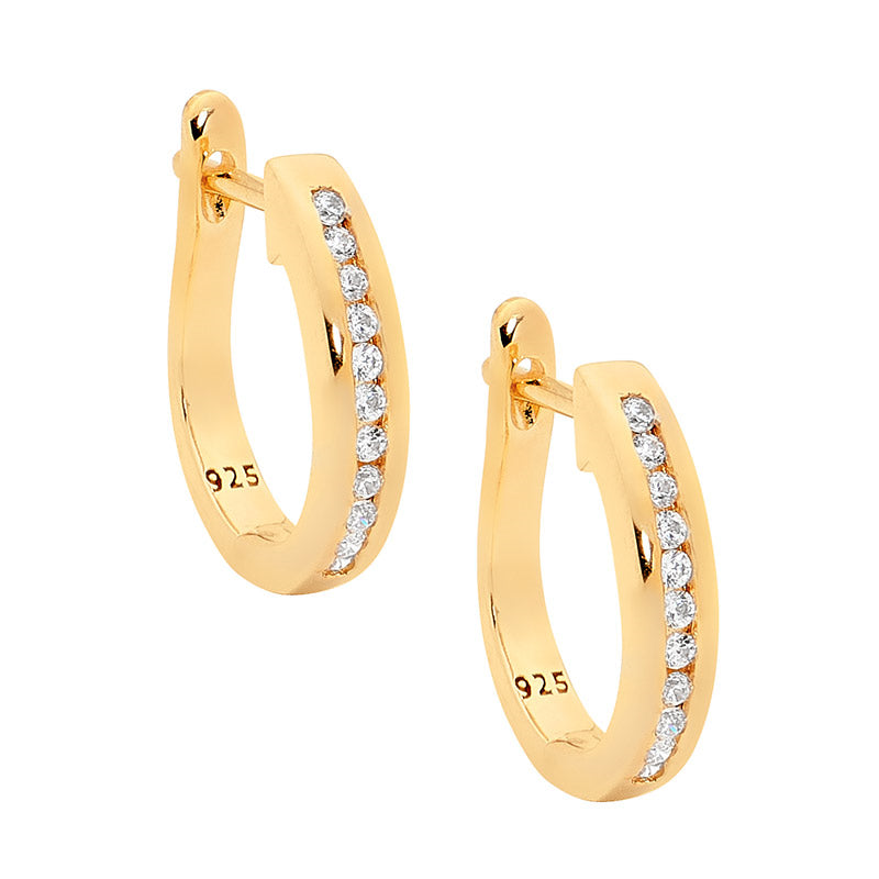 SS WH CZ Chanel Set Hoops w/ Gold Plating