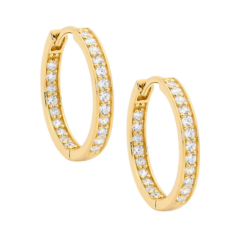 Sterling Silver, Gold Plated Single CZ Row Hoops