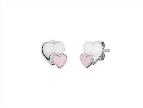 Sterling Silver and Pink Enamel Heart Studs