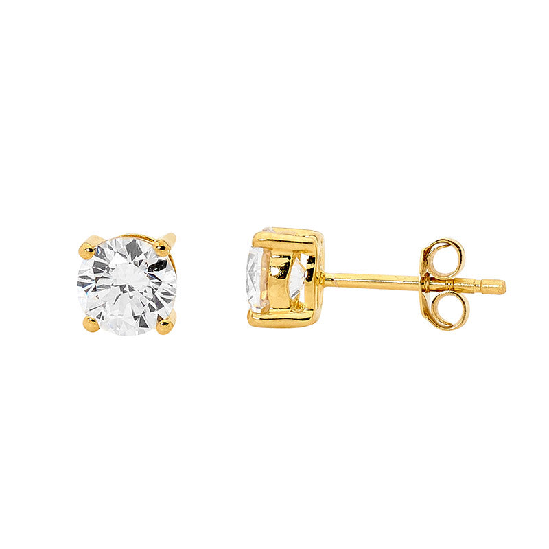 Sterling Silver 5mm Round CZ Claw Set Studs, Gold Plating