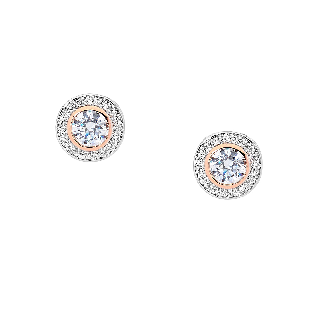 Sterling silver Round white CZ, RGP & white CZ Surround Earrings