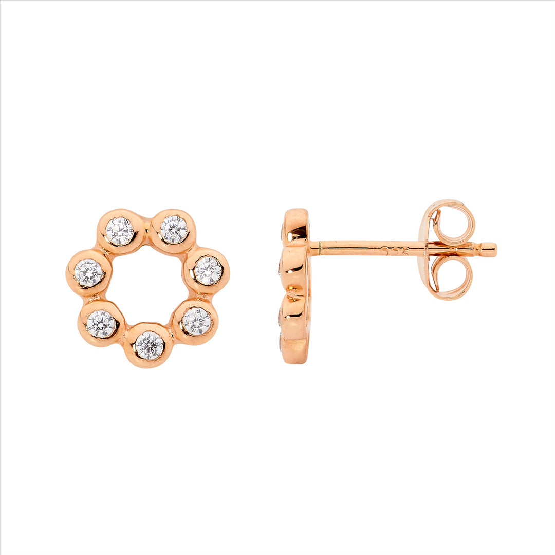 Sterling Silver CZ Bezel Set Open Circle Stud Earrings, Rose Gold Plating