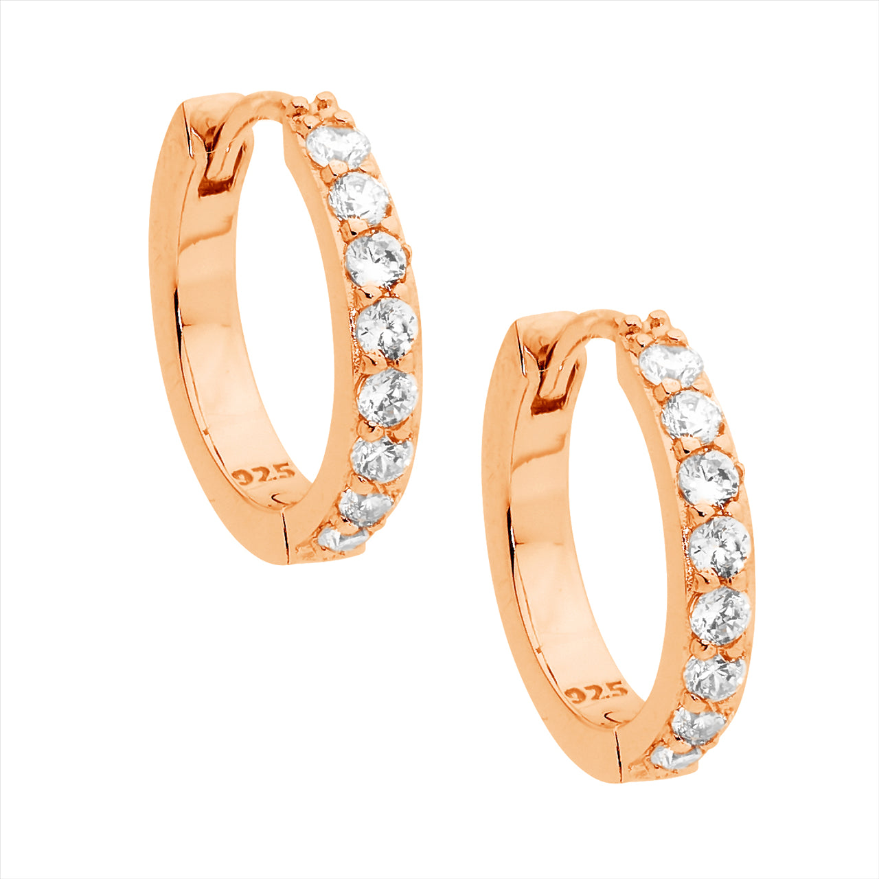 SS WH CZ Single Row 15mm Hoop Earrings w/ Rose Gold Plating