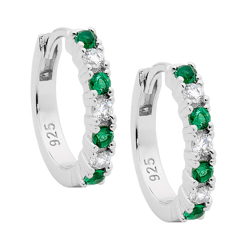 Sterling Silver 14mm White and Green CZ Hoop Earrings