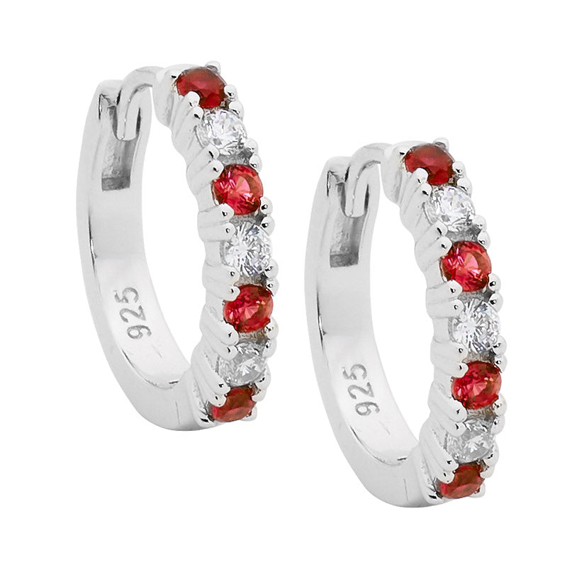 Sterling Silver 14mm White and Red CZ Hoop Earrings