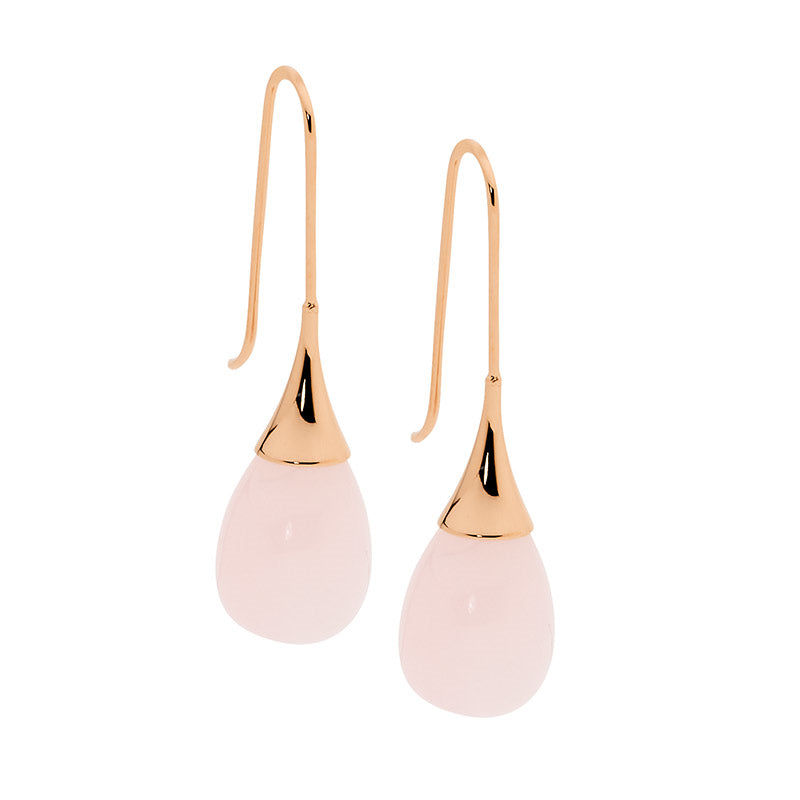 Stainless Steel Long Drop Rose Quartz Tear Earrings, Rose Gold IP Plating