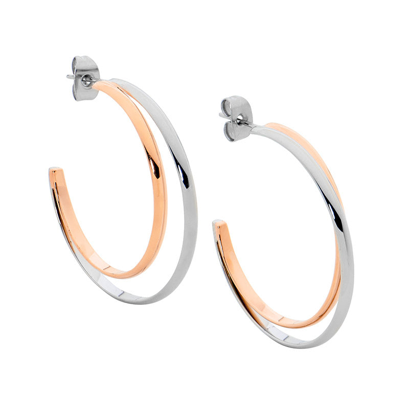 Stainless Steel Double Row Earrings, 1 Row Rose Gold Plated