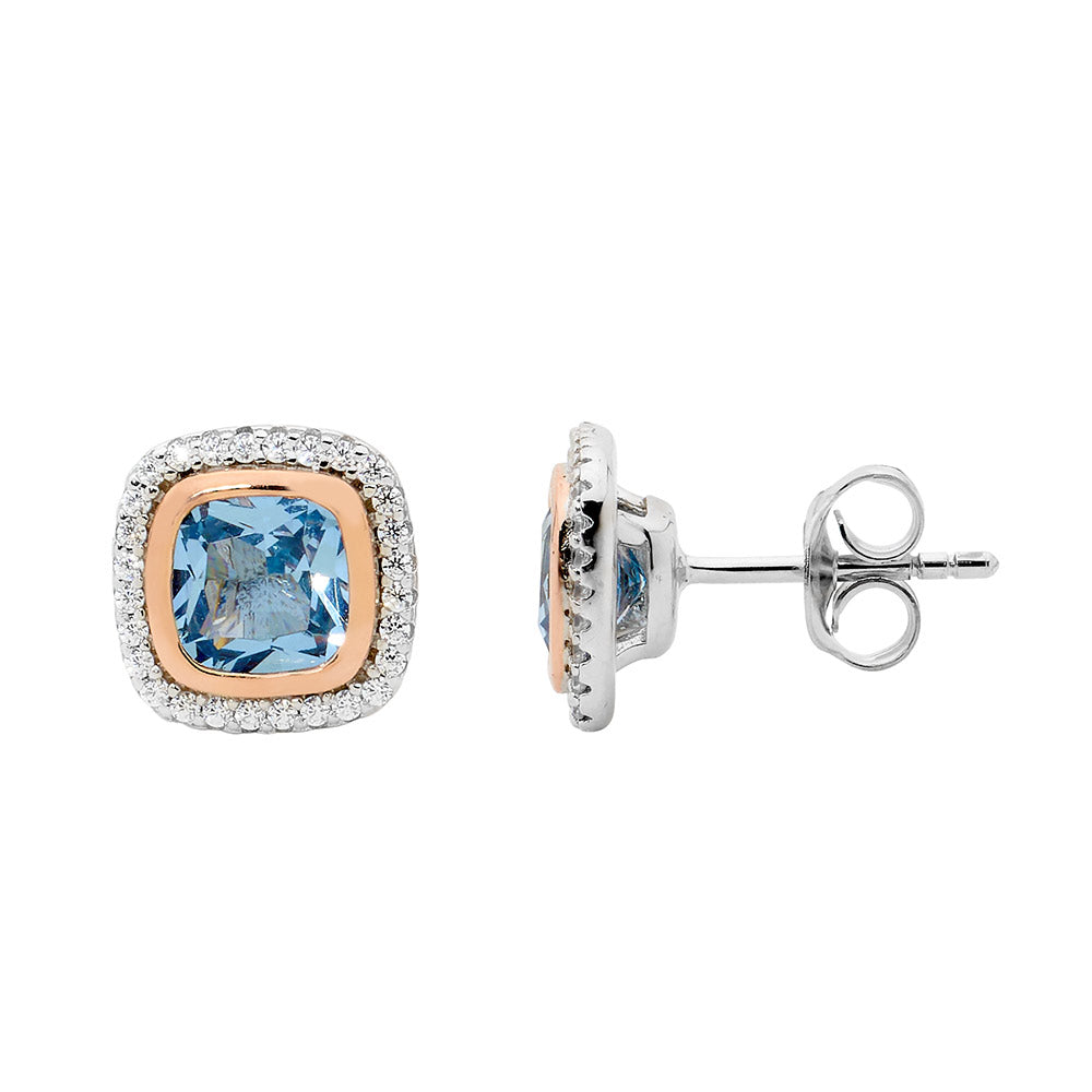 Sterling Silver Blue Spinel with Rose Gold Plated Bezel and Surrounding CZ Studs