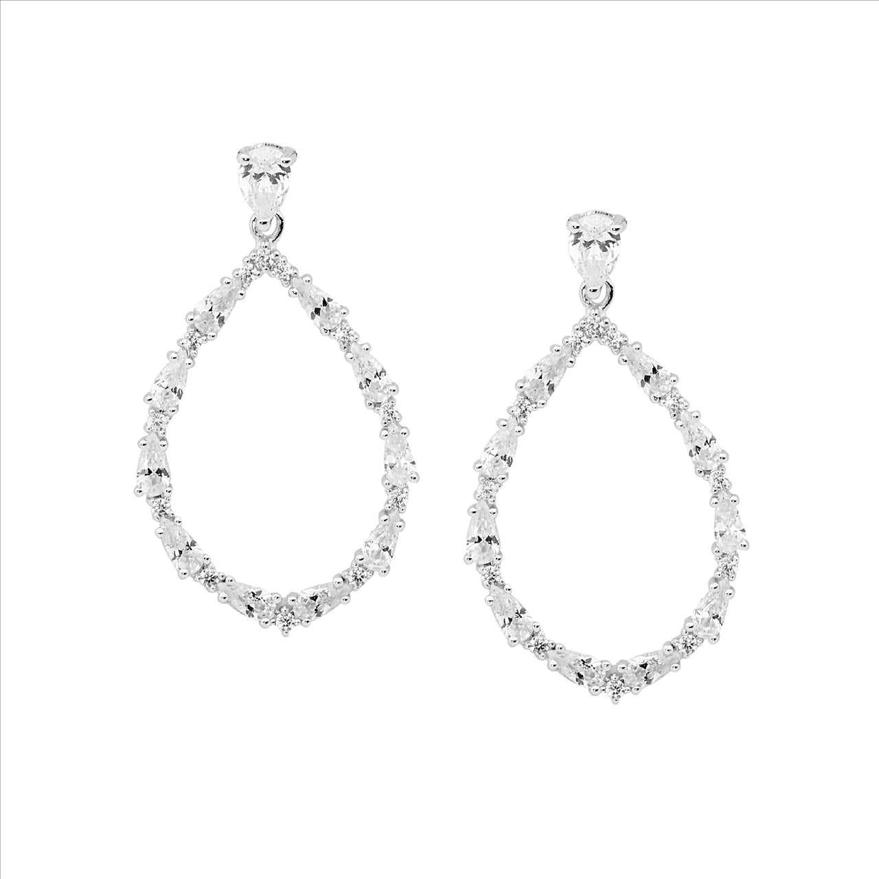 Sterling Silver open tear drop earrings 38mm, pear & round cz
