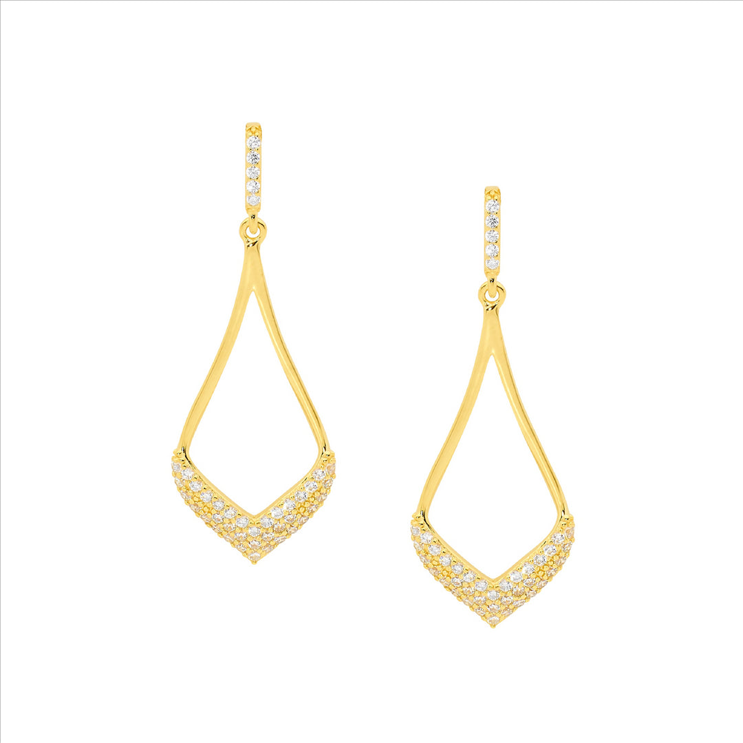 Stainless steel open tear drop earrings 40mm, cz pave & gold plating