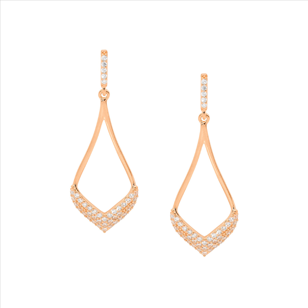 Stainless Steel, Rose Gold Plated Open Tear Drop Stud with CZ
