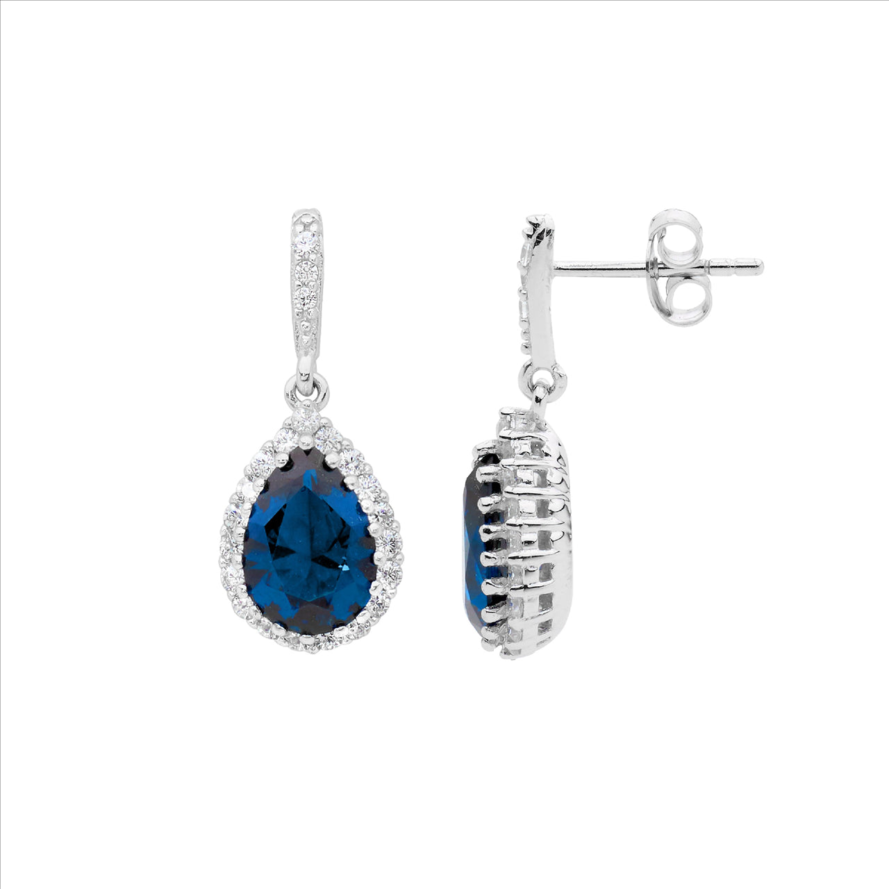 Sterling Silver london blue pear cz, wh cz surround drop earrings