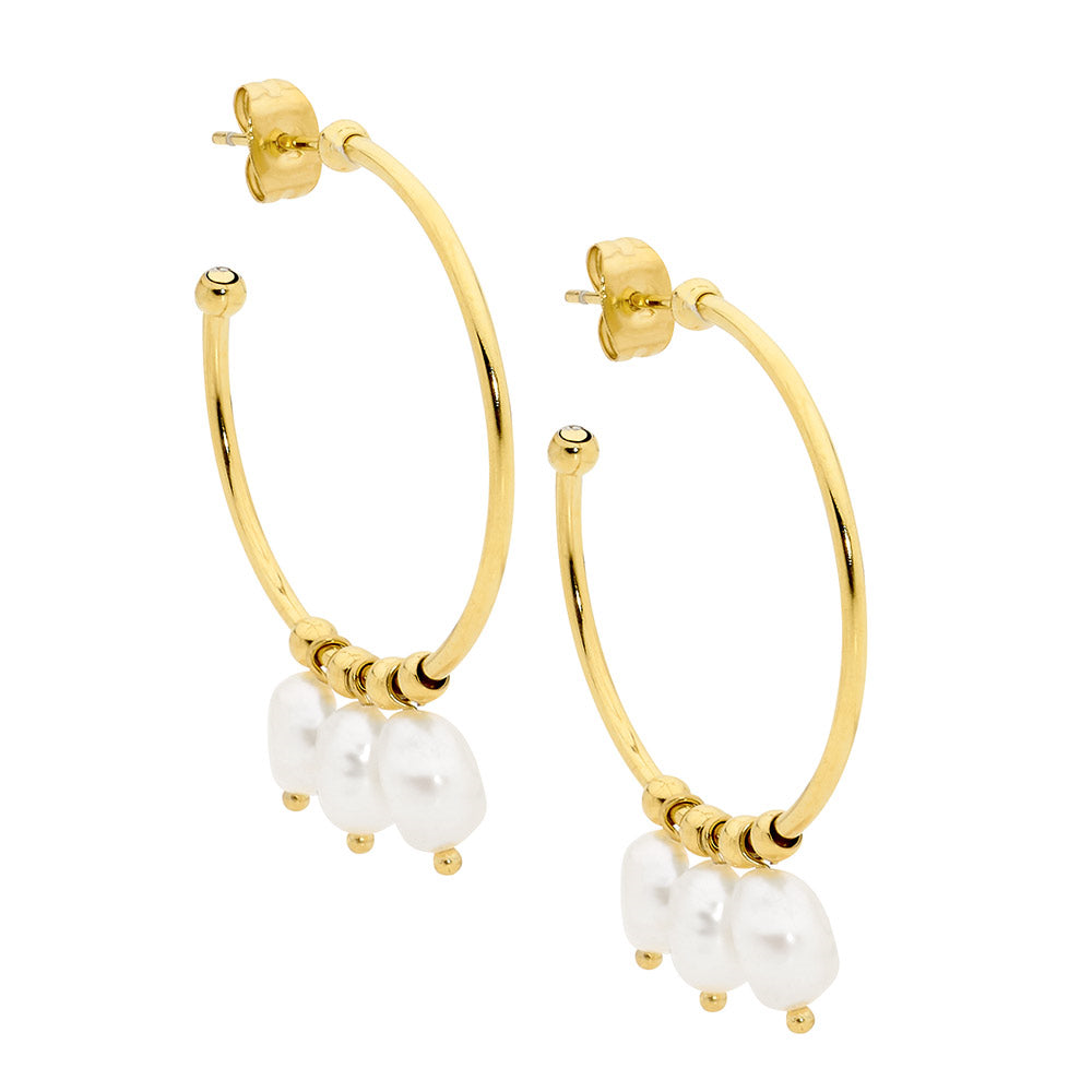 Stainless Steel, Gold Plated Hoops with 3x Fresh Water Pearls