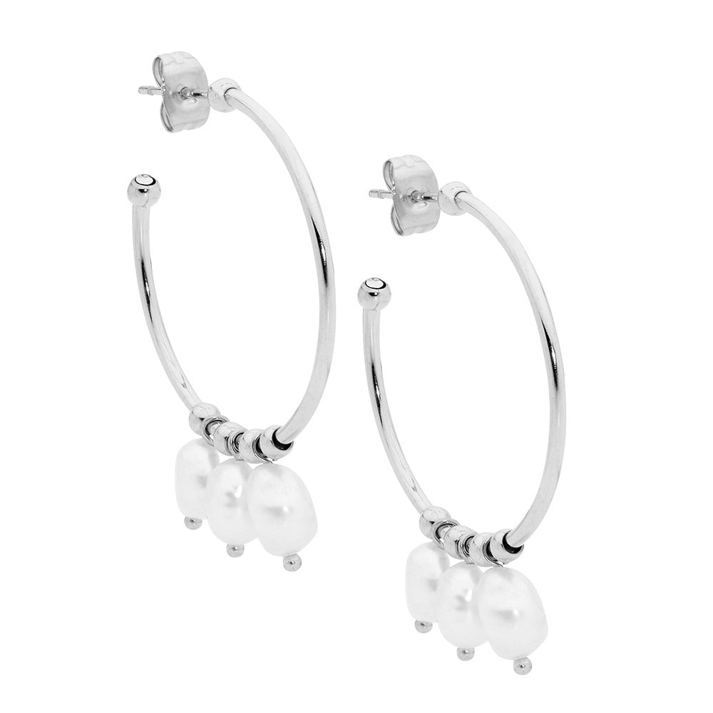 Stainless steel 3cm hoop earrings, 3 x freshwater pearls
