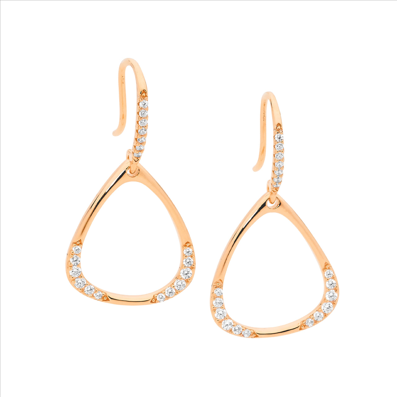 Sterling Silver CZ open triangle drop earrings, rose gold plating