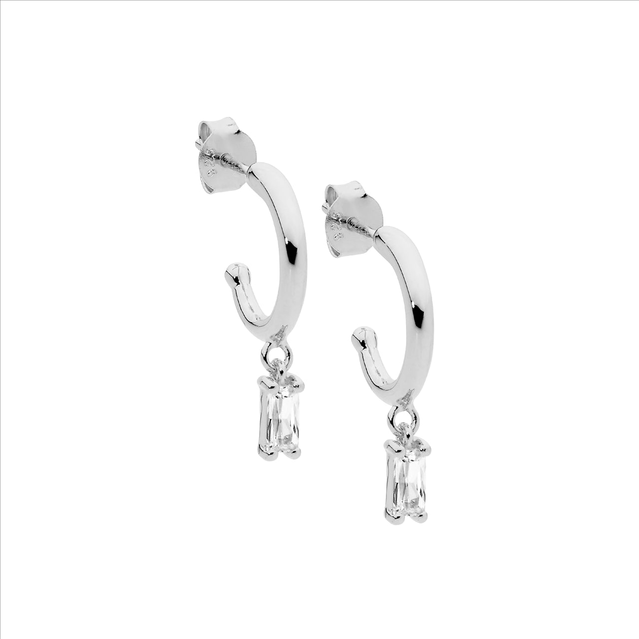 Sterling Silver 13mm hoop earrings, cz baguette drop