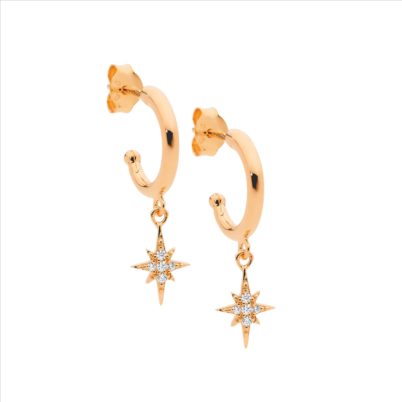 Sterling Silver 13mm hoop earrings, cz star drop, rose gold plating