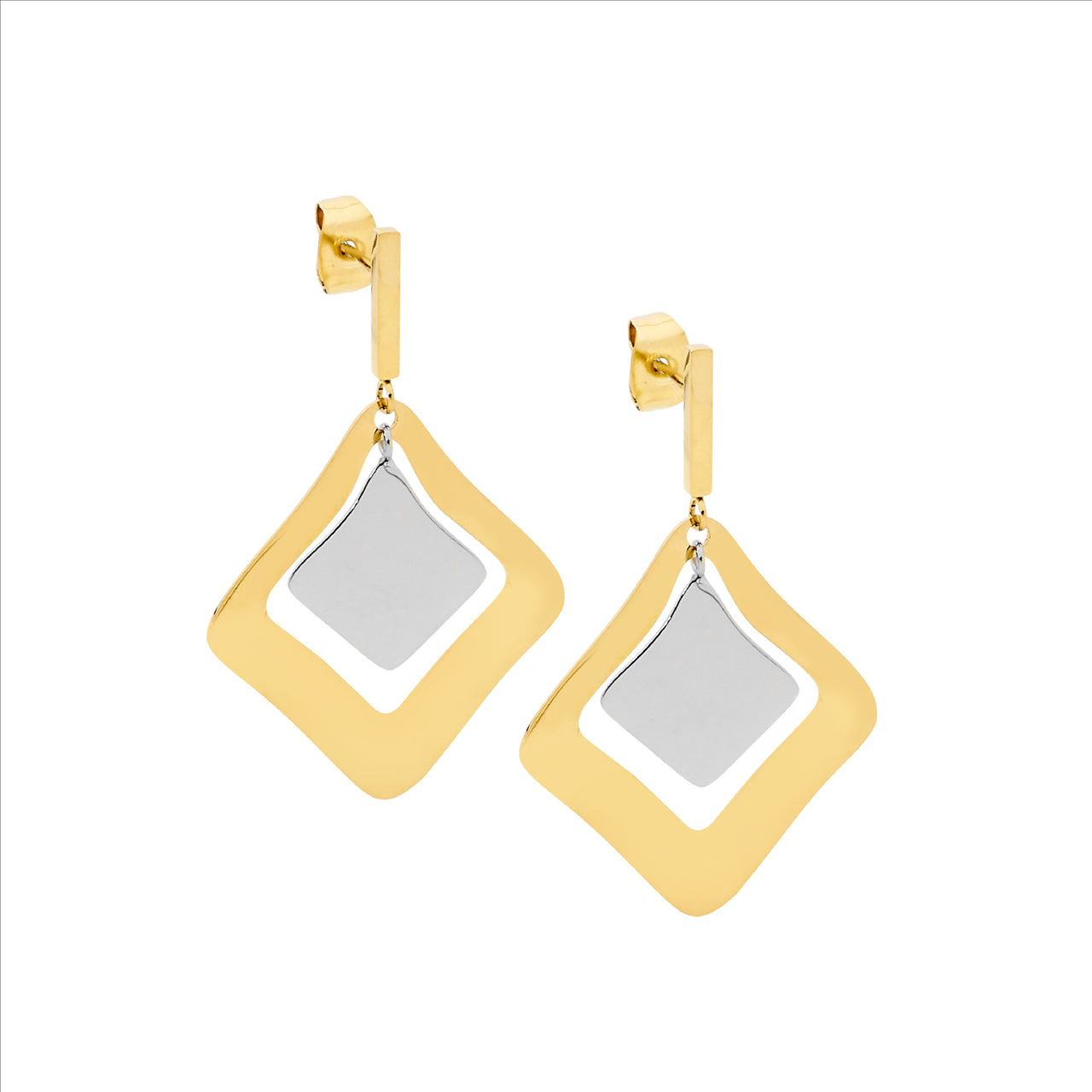 Stainless steel abstract double square drop earrings, gold IP plating