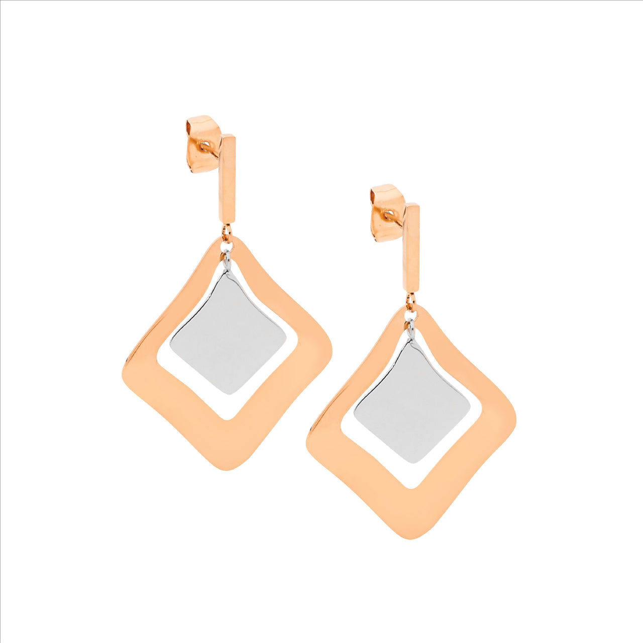 Stainless steel abstract double square drop earrings, rose gold IP plating