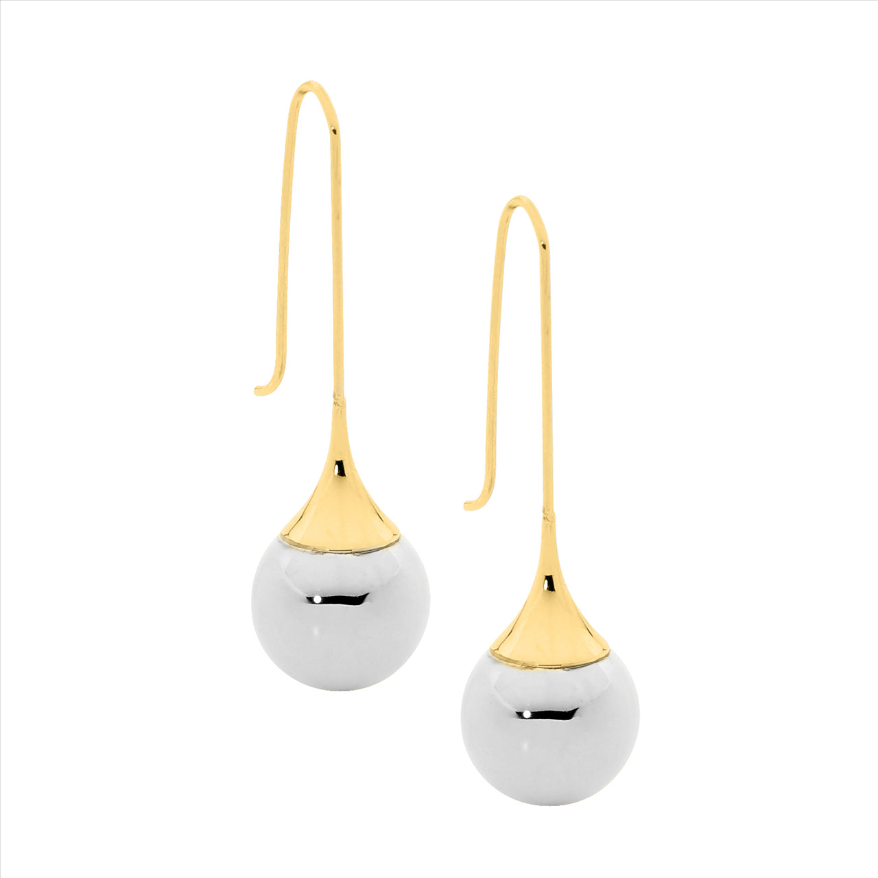 Stainless steel long drop earrings, ball, gold IP plating shp hook