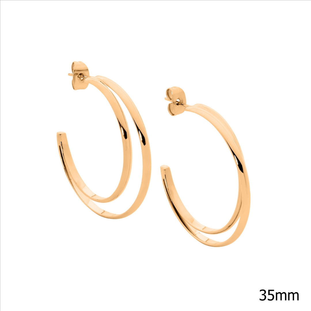 Stainless steel 35mm double row hoop earrings, rose gold IP plating