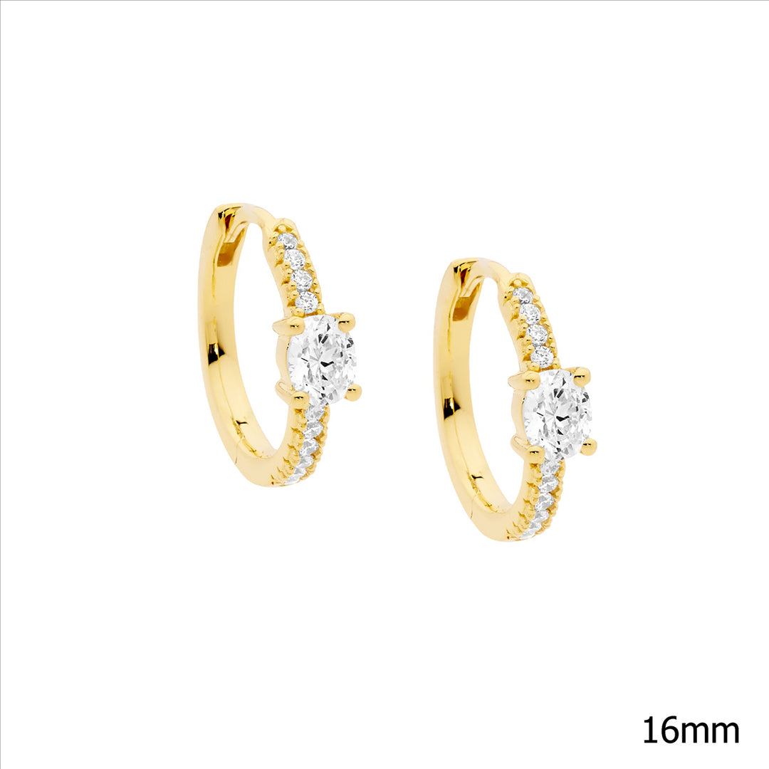 SS WH CZ 16mm hoop earrings, oval cz w/gold plating