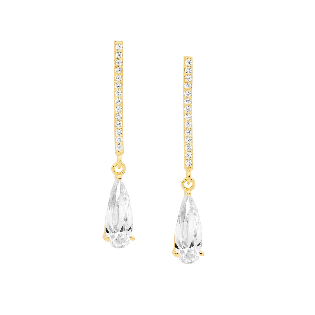 SS WH CZ drop bar w/ long tear cz earrings, gold plating