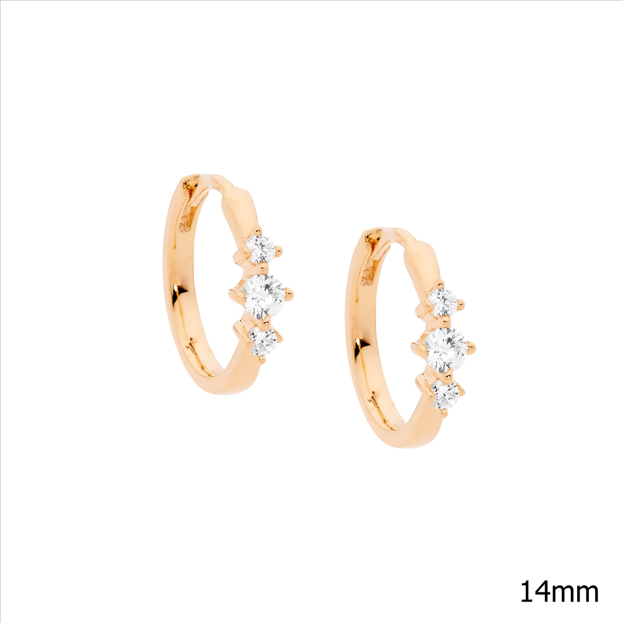 SS 14mm hoop earrings w/ 3 wh cz feature, rose gold plating