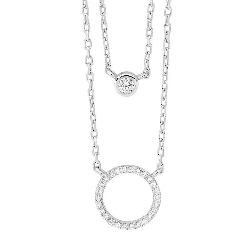 Necklace - Sterling silver double chain necklace with white Cubic zirconia bezel solitaire & circle