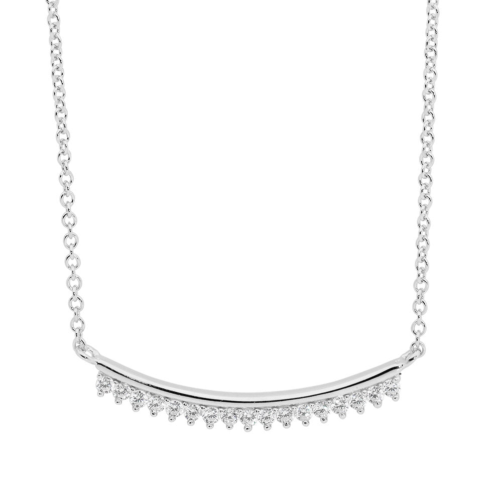 Sterling Silver 25mm curved bar, claw set cz, 42+5cm necklace