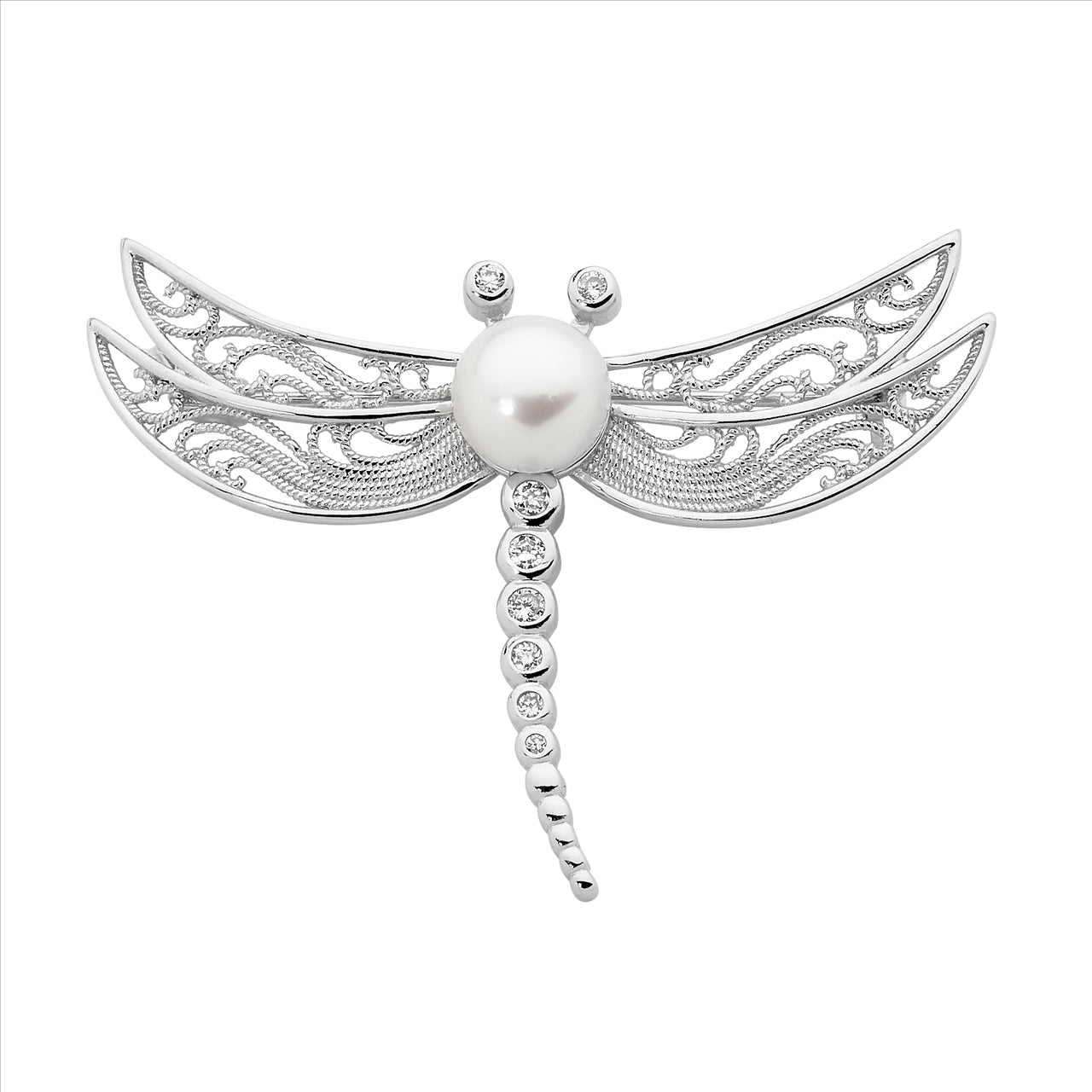 SS WH CZ Dragonfly Brooch w/ Freshwater Pearl