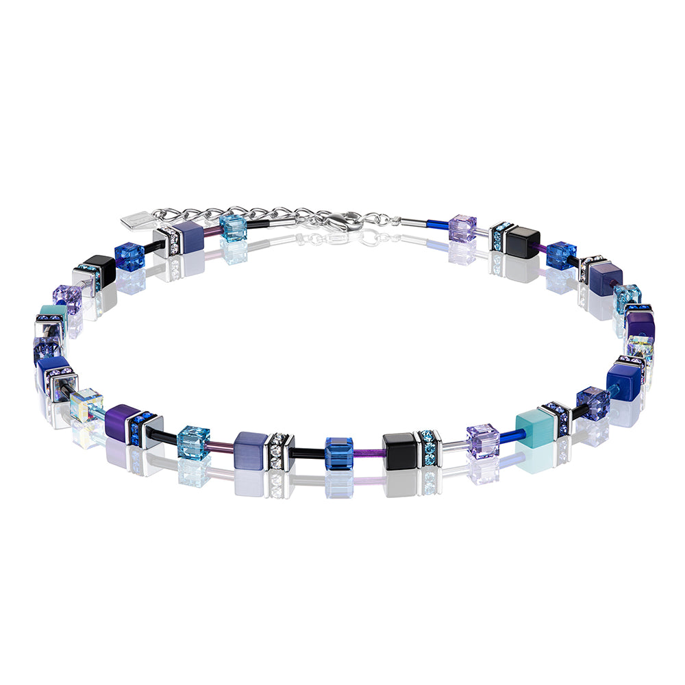 Necklace blue/purple geo-cube st/stl w/rhinestone, glass, synthetic tigers eye, polaris & Swarovski Crystals